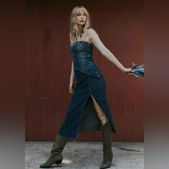 Zara TRF STRAPLESS DENIM MIDI DRESS. Navy Blue. Size XS. New with Tags. - Picture 5 of 10